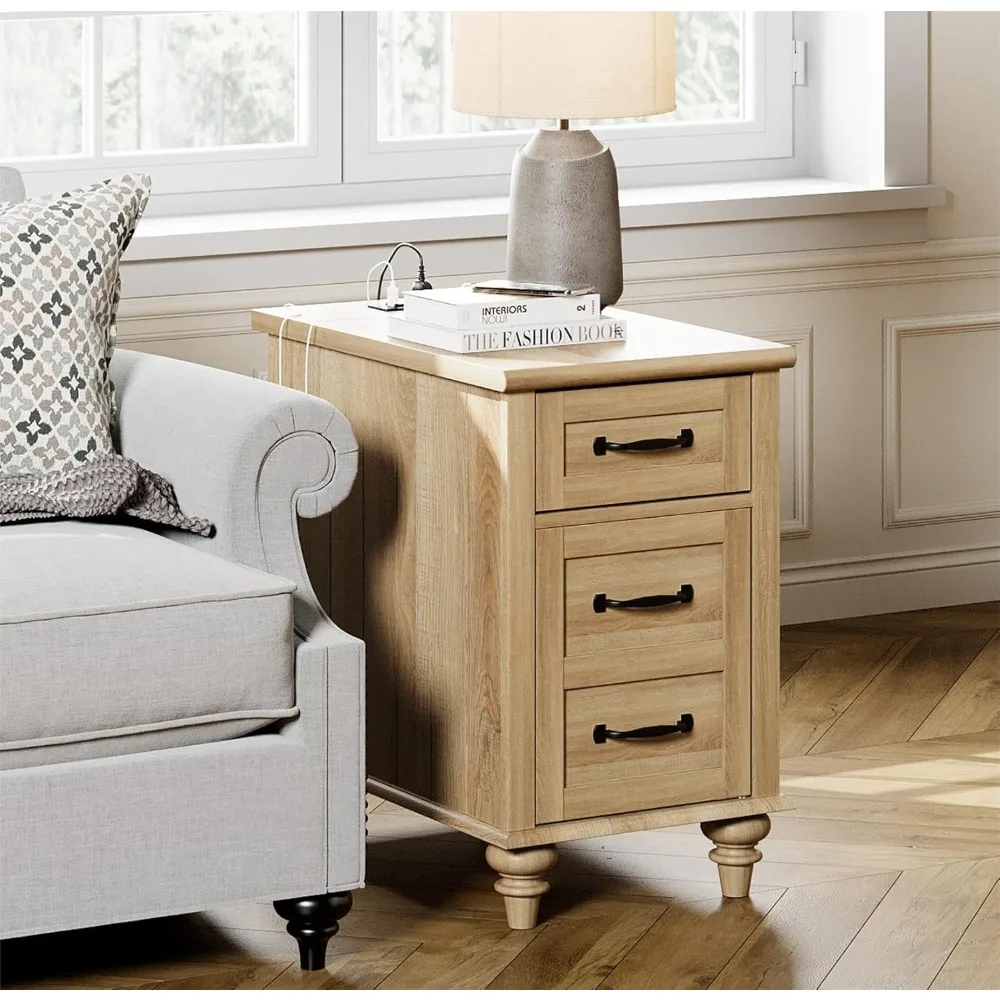 Charging Station Farmhouse Style End Table, Light Wood Storage Sofa Side Table, Slim Storage Nightstand Bedside Table