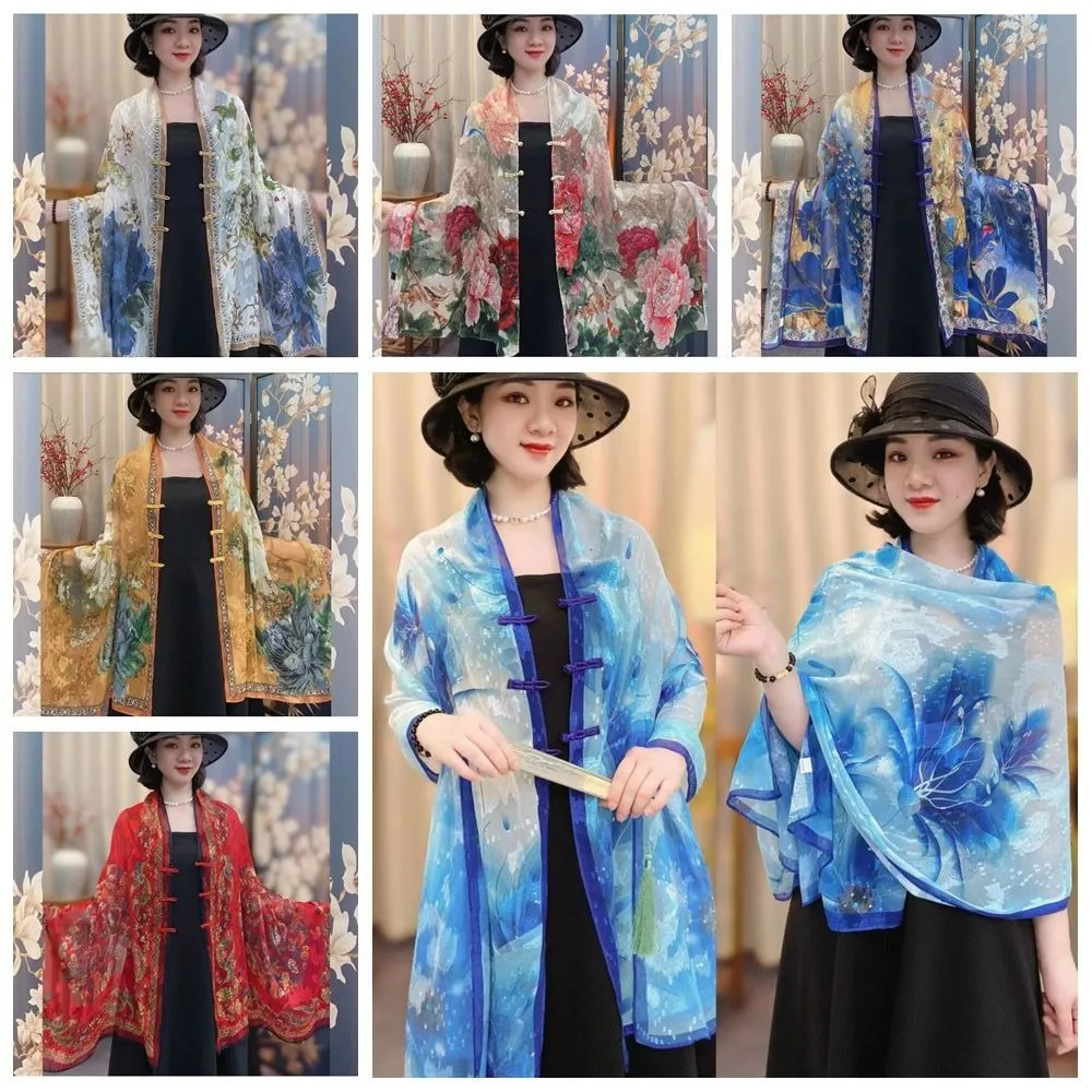Casual estilo retro fivela impresso xale protetor solar high-end sentimento senhora lenço de seda flor estilo chinês tudung cachecol ao ar livre