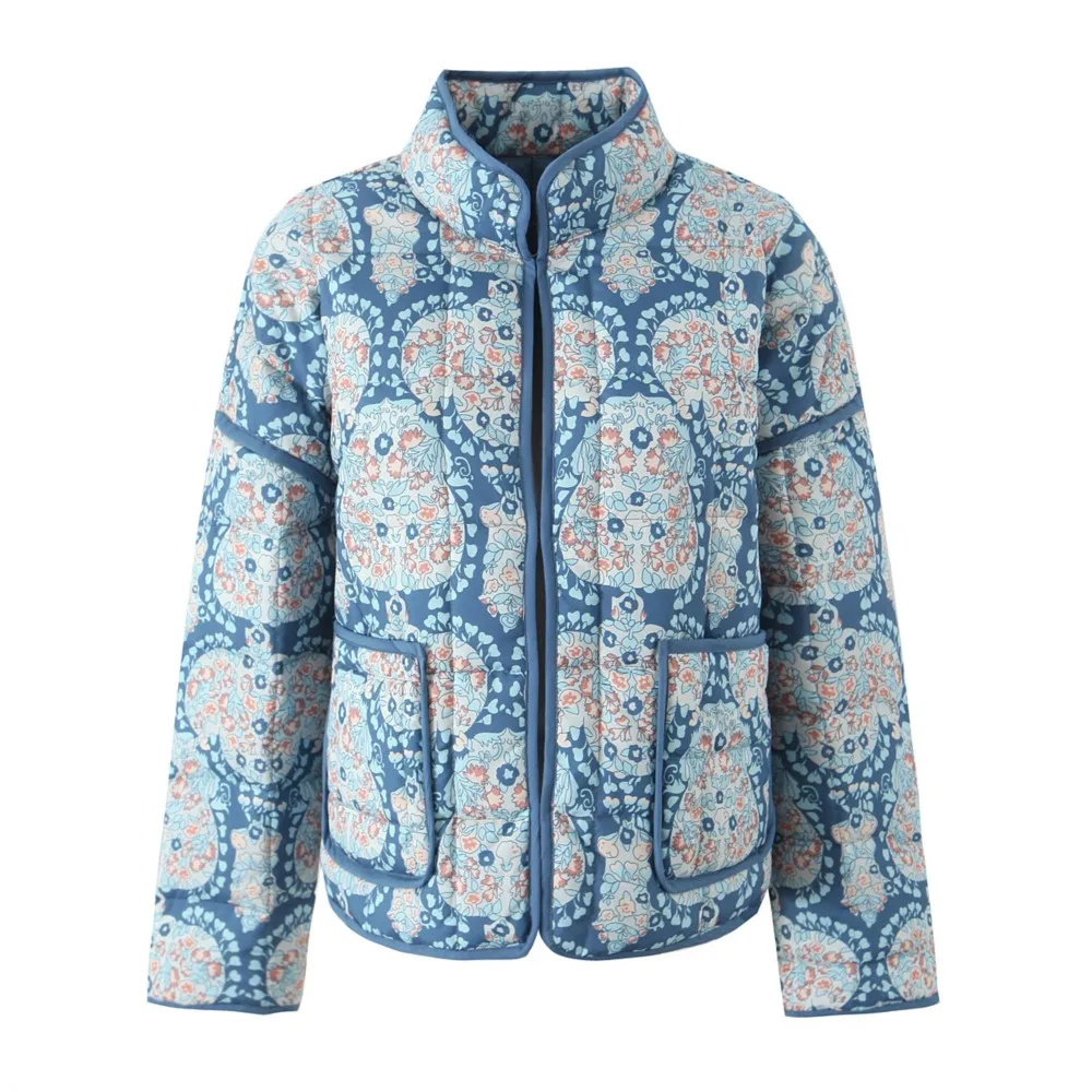 2024 Autumn Winter Blue Flower Paisley Print Stand neck Quilted Coat Ethnic Women Front Pockets Loose Quilting Outerwear Retro