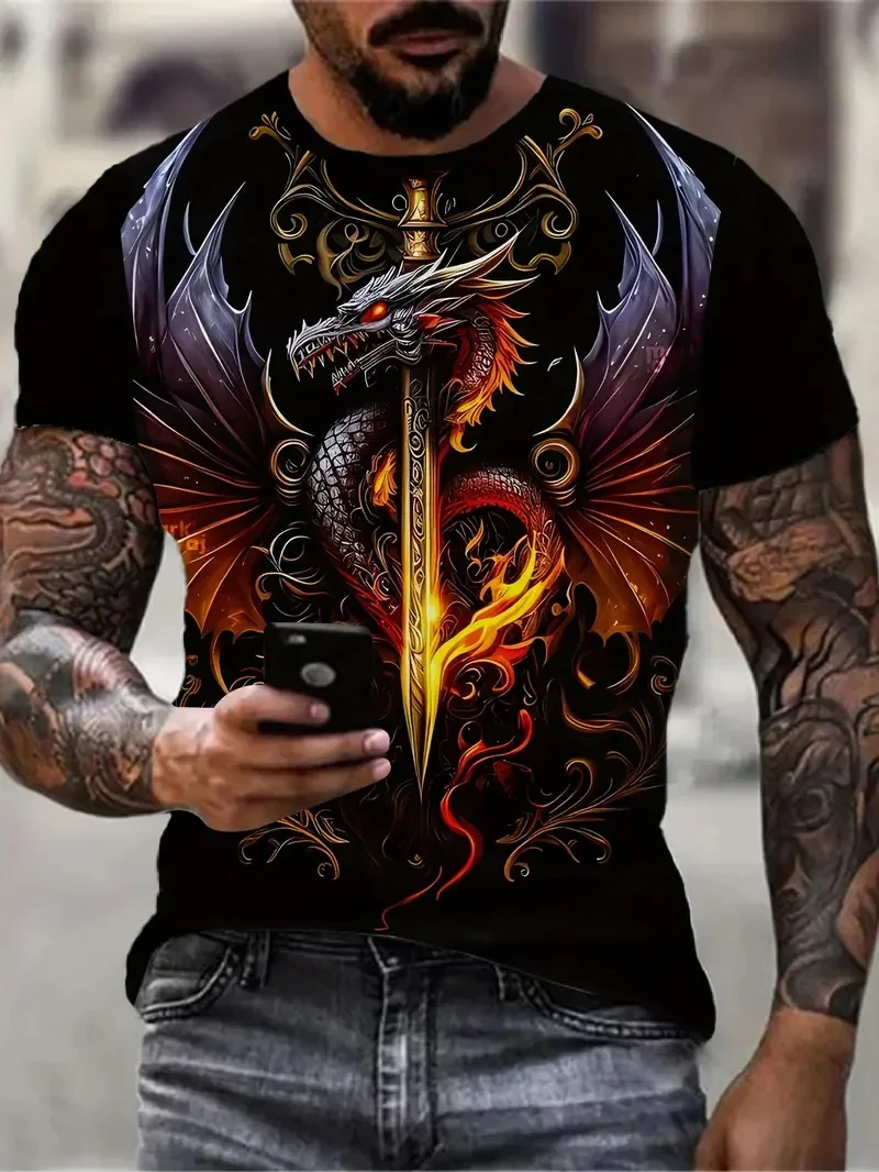 

Men's Short Sleeve T-shirt with Dragon, Fashion for Outdoor Activities, Street Round Neck Top, Large Size Casual Clothing with