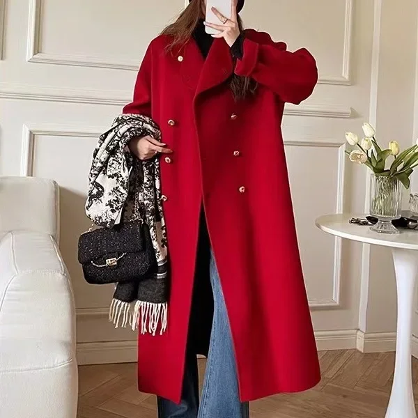 

High-end cashmere red coat women's 2024 spring new stand-up collar double-breasted long double-sided woolen coat