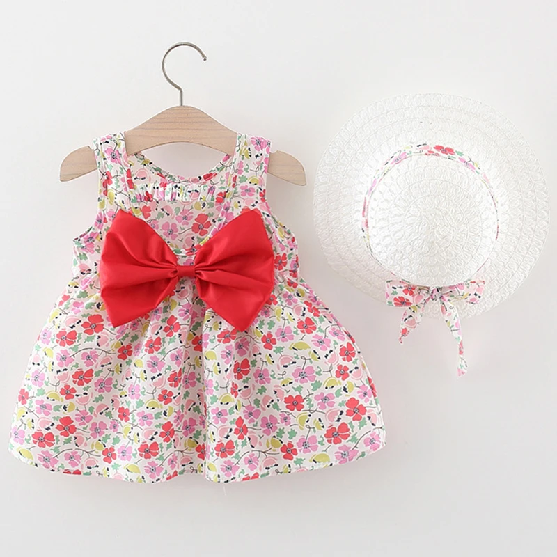 

2Piece Summer Newborn Clothes Set Toddler Girl Dresses Korean Cute Bow Sleeveless Flowers Princess Beach Baby Dress+Sunhat BC338