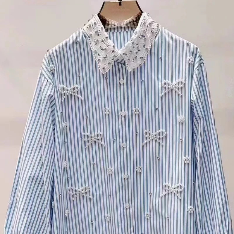 

New In Pearls Beaded Shirts Blouses for Women's Long Sleeve Elegant Sweet Chic Tops Woman Clothing Korean Popular Clothes