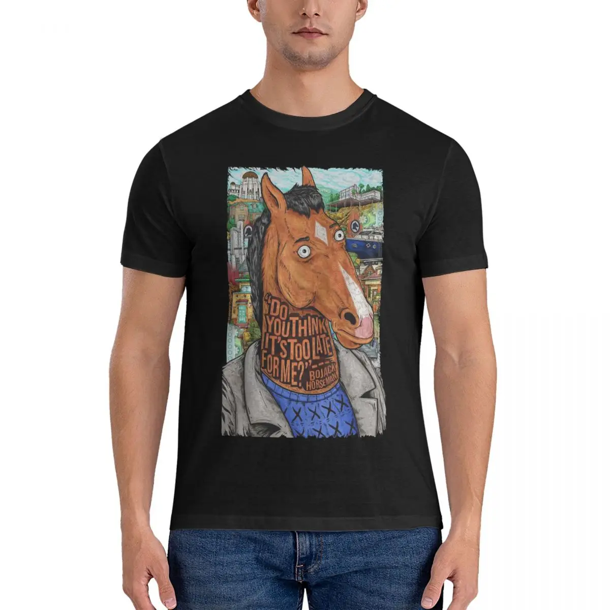 Men T-Shirts Groovy Fun 100% Cotton Tee Shirt Short Sleeve Bo Jack Horseman T Shirt Round Neck Clothing Printing