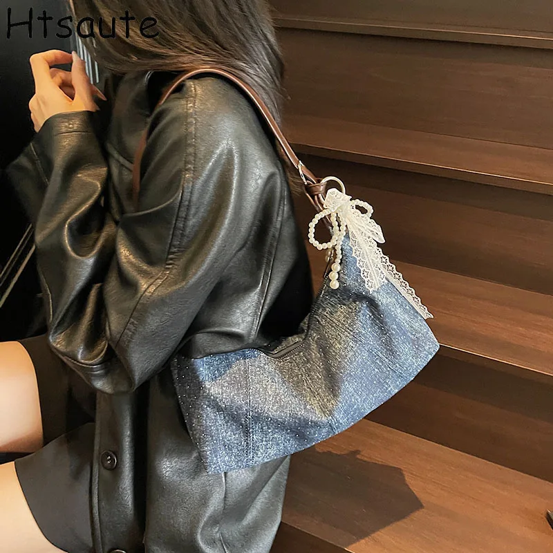 

Trendy Soft Denim Cloth Textile Women Shoulder Bags Large Capacity Vintage Female Retro Crossbody Bag For Commute Outings