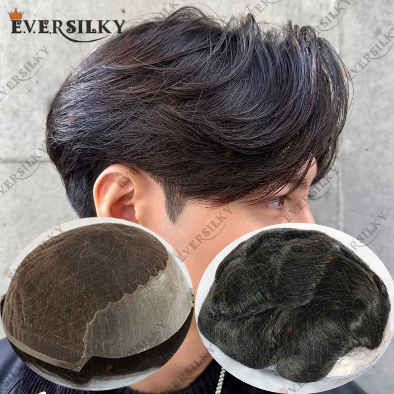 

Breathable Sweatproof Q6 Men's Toupee 130% Density Super Natural Hairline HD Lace Front &PU Durable Black 100% Human Hair System
