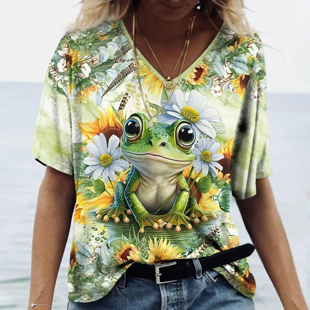 

2025 Ladies T-Shirt Frog and Floral Pattern Printing Outdoor Retro Fashion Casual Oversized Y2k T-Shirt Summer Women Clothings