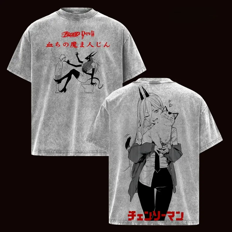 Anime Chainsaw Man Power Graphic T Shirt Men Women Short Sleeve Clothing Oversized Tshirt Washed Cotton Tee Harajuku T-shirt