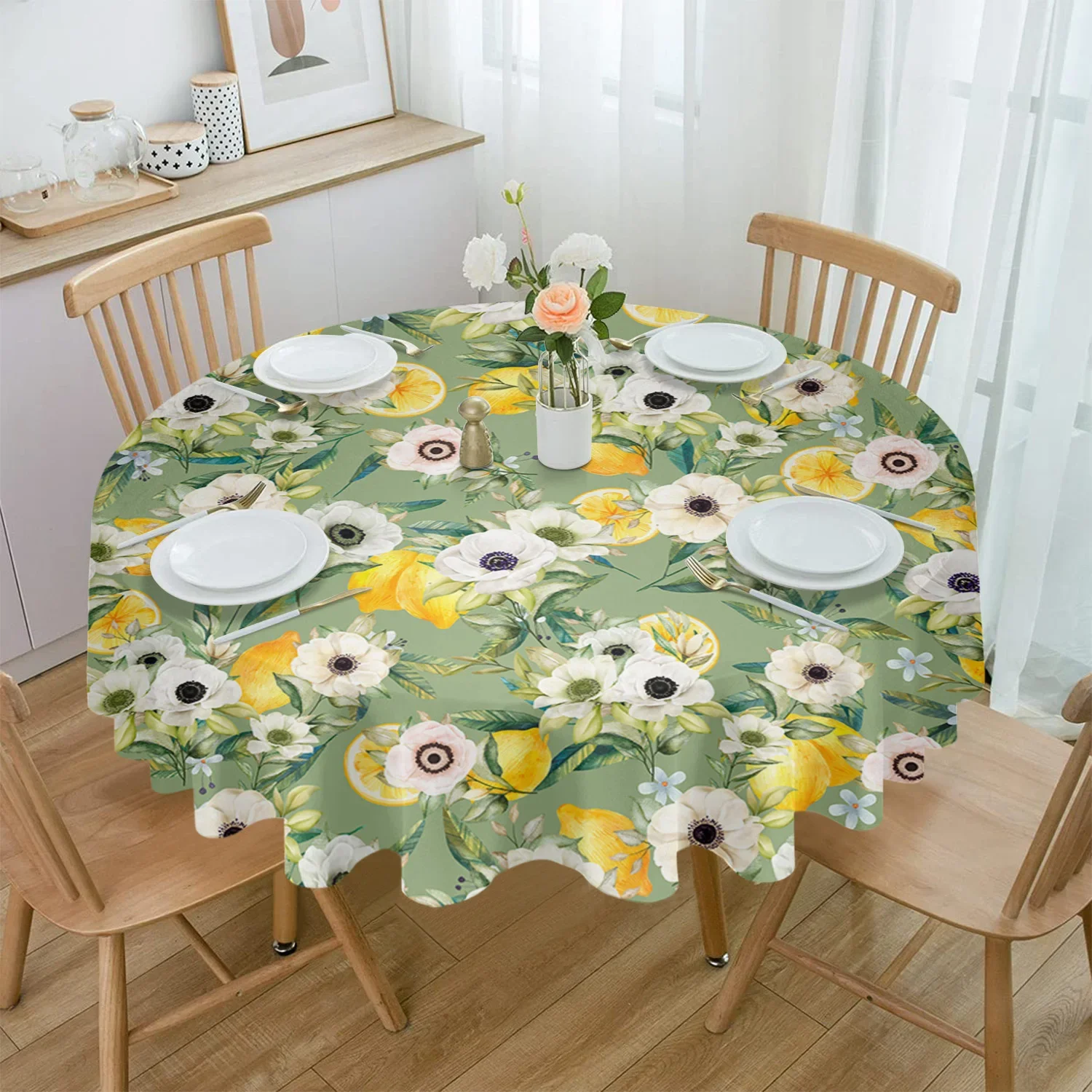 Fruit Lemon Camellia Flower Green Round Tablecloth Waterproof Table Cover Home Kitchen Table Cloth Dining Table Decoration