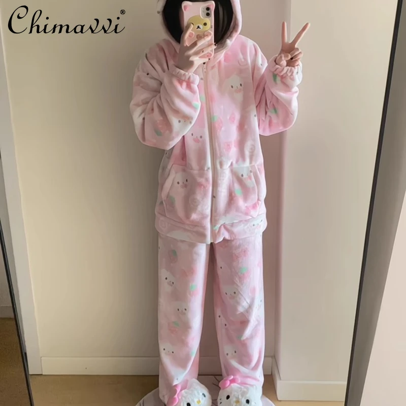 

Winter Japanese Sweet Cute Cartoon Rabbit Flannel Pajamas Set Daughter Girls Pink Thickened Loungewear Women's Sleepwear