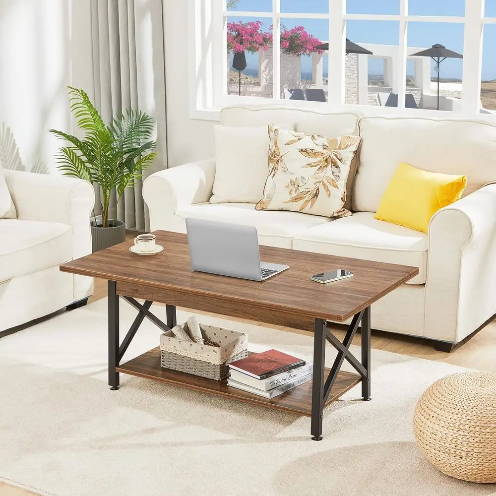 Large 43 Modern Farmhouse Coffee Table with Storage, X-Frame Design, Walnut Finish, Space-Saving for Living Room, Easy Assembly
