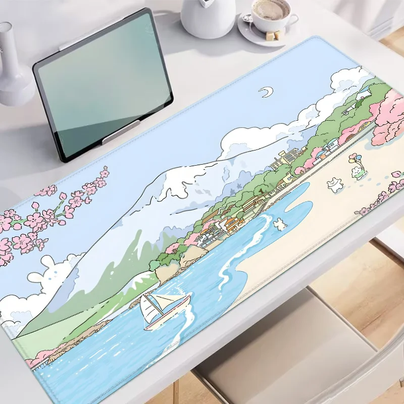 Mount Fuji Large Gaming Mouse Pad Ocean Beach Aesthetic Scenery Cute Anime Keyboard Desk Mat Anti-Slip Rubber for Office Supply