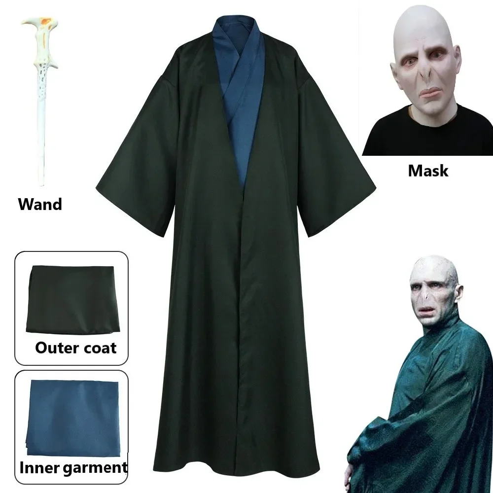 

Adult Lord Voldemort Movie Cosplay Costume Mask Wand Halloween Cloak Dark Green Party Robe Cape School Uniform Outfit for Men