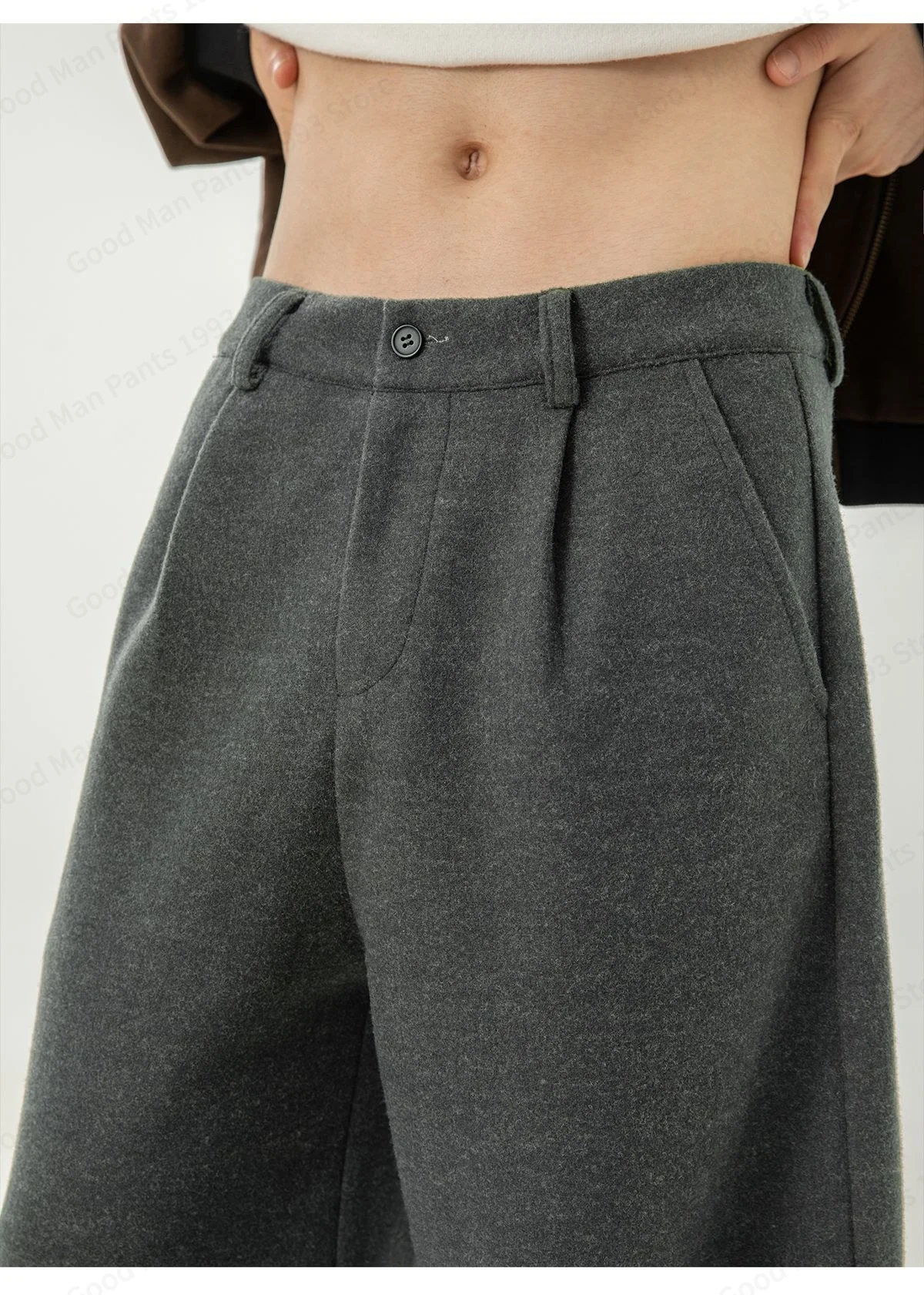 Herbst- und Winter-Herrenhose aus schwerer, strukturierter Wolle mit geradem Bein, locker gefaltet, Y2K Koreanische Baggy Casual Hose – Detail 6