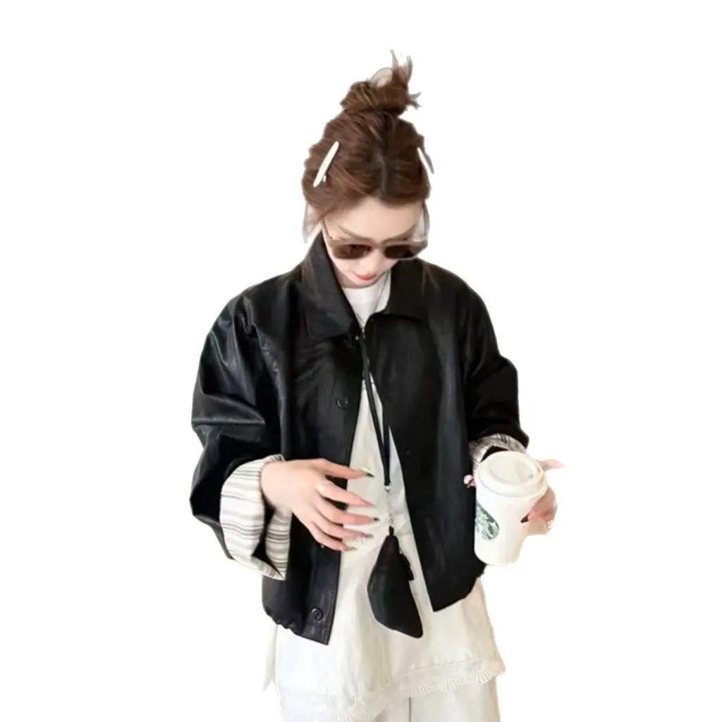 

European Protein Leather Women's Coat Korean Retro Slim Stripe Stitching Casual Lapel PU Leather Spring