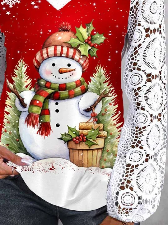 Plus Size Women Long Sleeve V-neck Snowman Printed Graphic Lace Christmas Tops