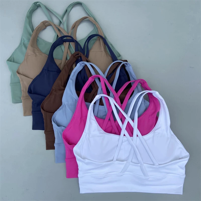 

Solid Color Fitness Women Sport Bra Gym Yoga bra Athletic Cross Tight Top Workout Train With Chest Pad High quality shockproof