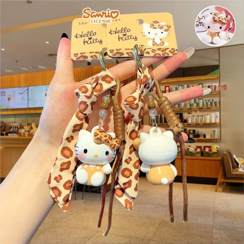Cute Cartoon Hello Kitty Keychain Fashion Leopard Print Figure Key Ring Bag Pendant Accessories Collectible Gifts