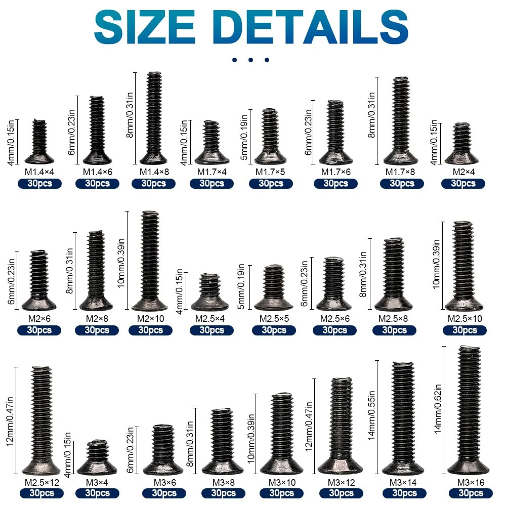 720 pcs M1.4/1.7/2/2.5/3 Countersunk ssd Screws Laptop Notebook Computer Carbon Steel Screws Kit Set, Flat Head Phillips Screw