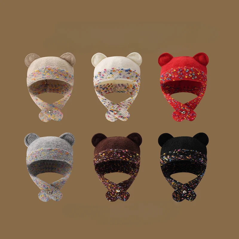 Gorro de punto coreano con orejas de oso para mujer, gorro tejido de colores combinados para invierno, protección para los oídos a prueba de viento para exteriores, jersey para ciclismo, gorro para esquiar