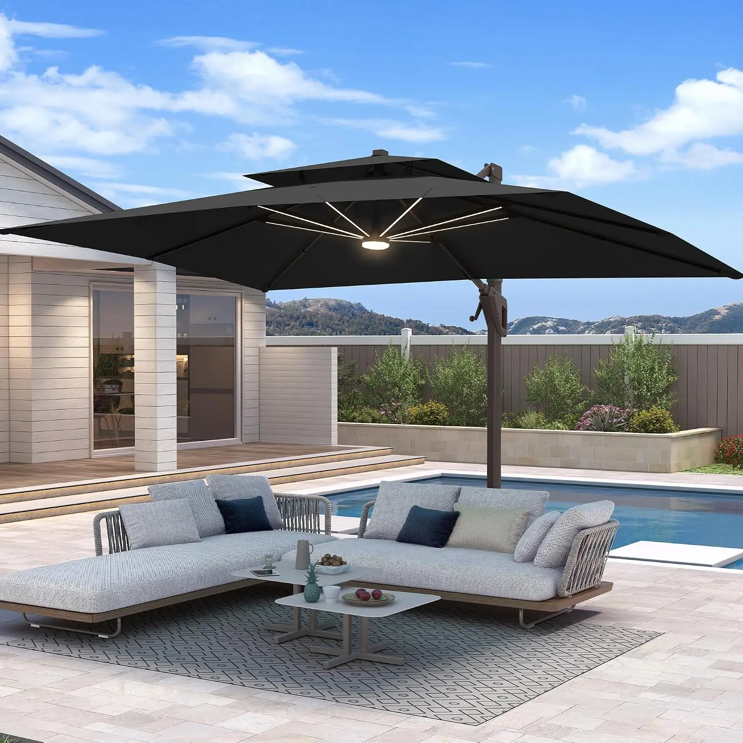 10x13FT Cantilever Patio Umbrella LED Light Aluminum Frame Waterproof UV Fabric 360°Rotation 7-Tilt Pool Deck Black, Customized