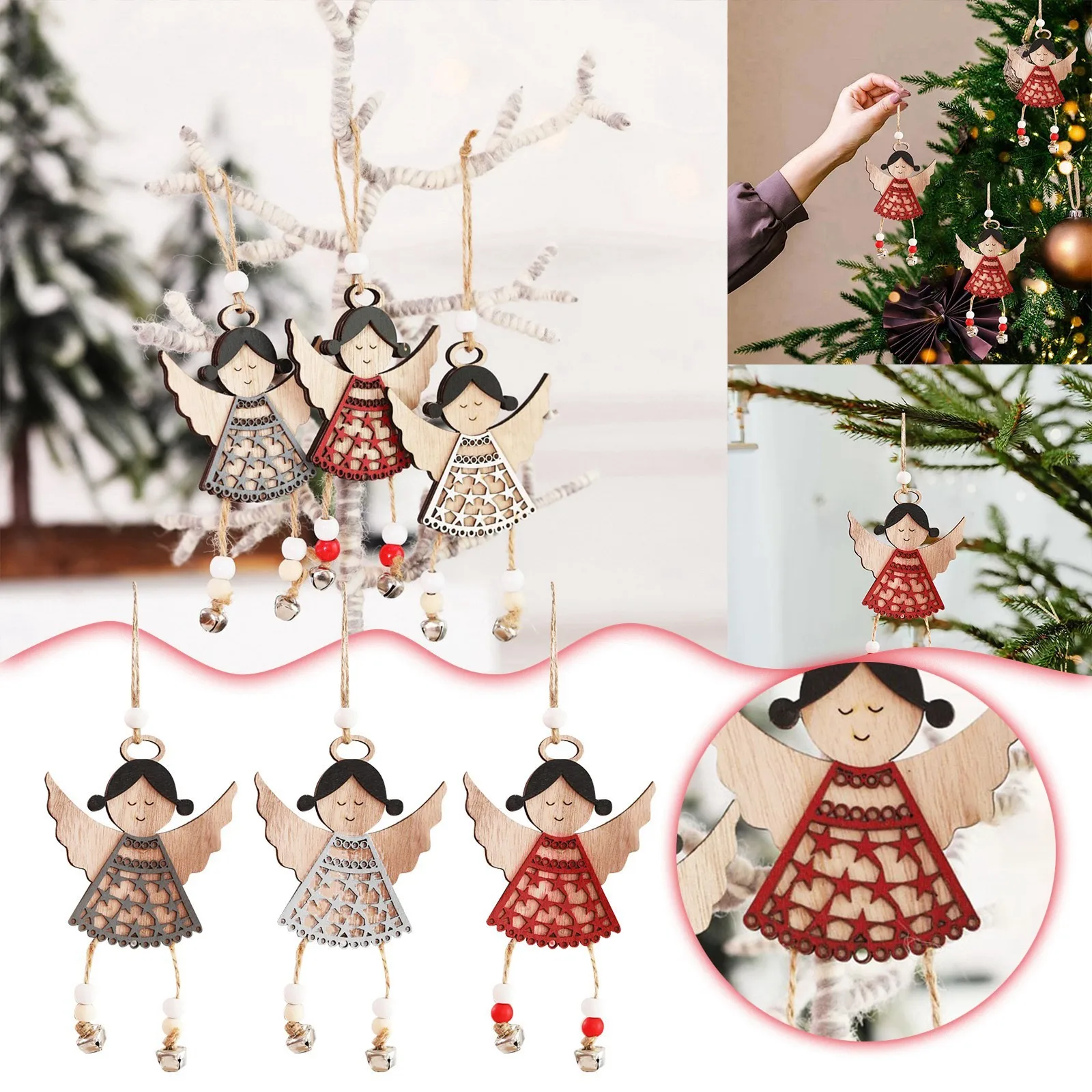 Christmas Clearance Sales Christmas Decorations Semi Hollow Wooden Angel Door Hanging Wind Chime Pendant Christmas новый год