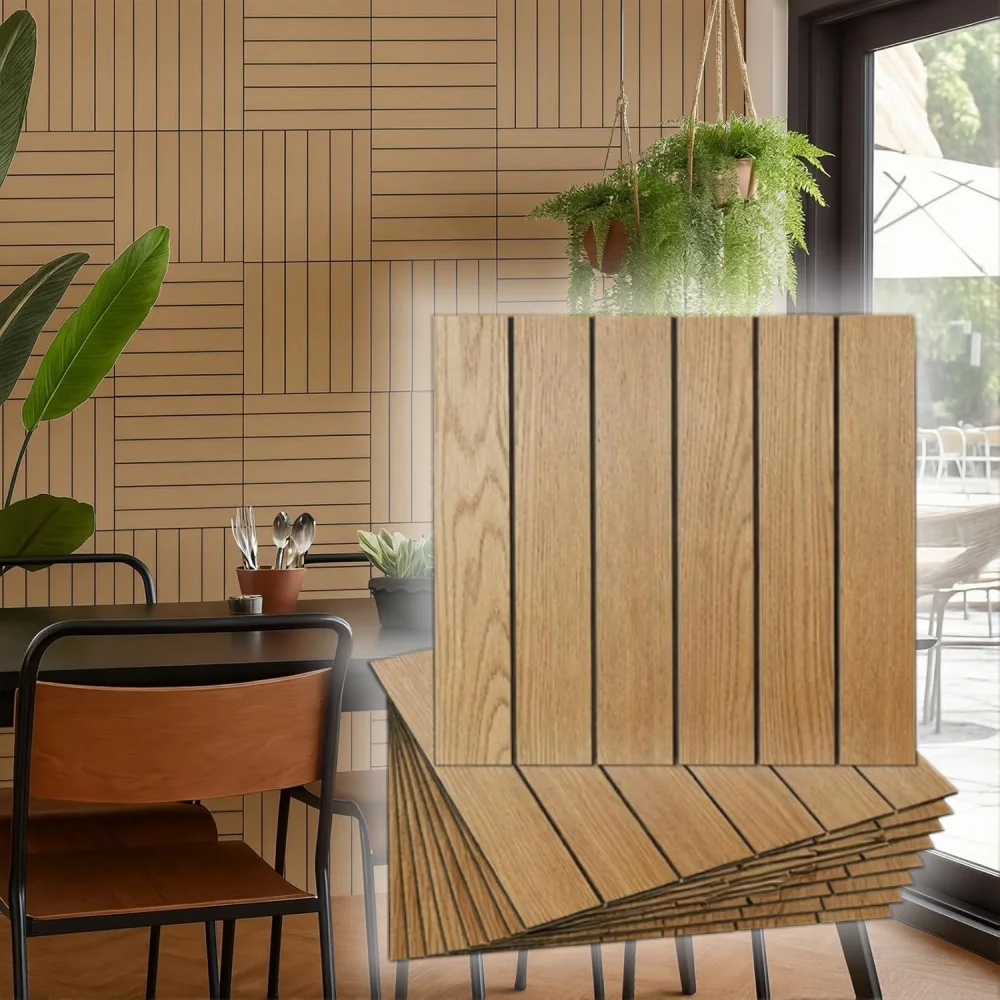 Panneaux muraux acoustiques en PVC couleur bois, panneaux muraux en bois autocollants, panneaux en bois flexibles autocollants, papier peint en lattes de bois.