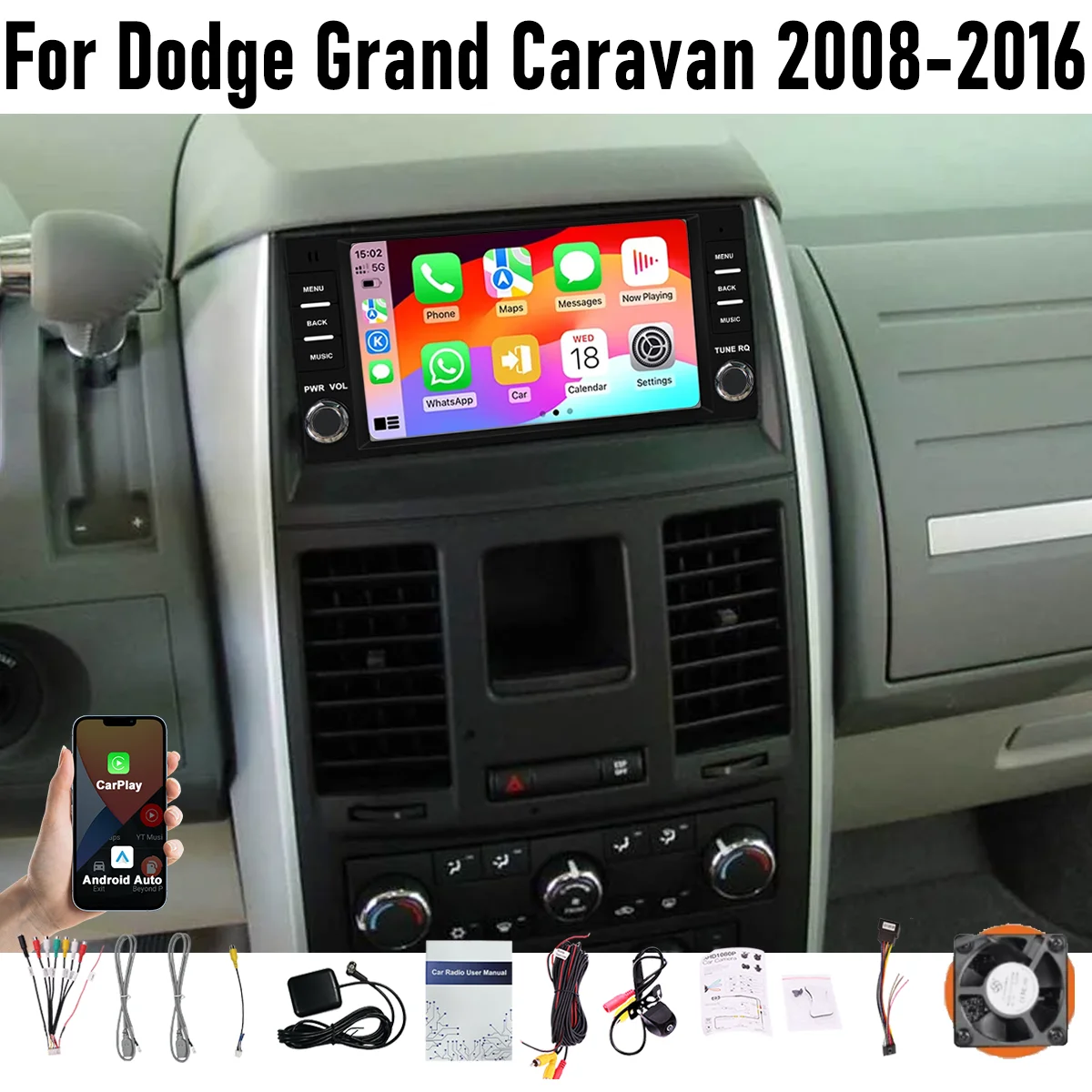 7“ Apple CarPlay Android auto 6-128GB (8CORE) For Dodge Grand Caravan 2008-2016 Screen Android15 Head Unit GPS Navigation Radio