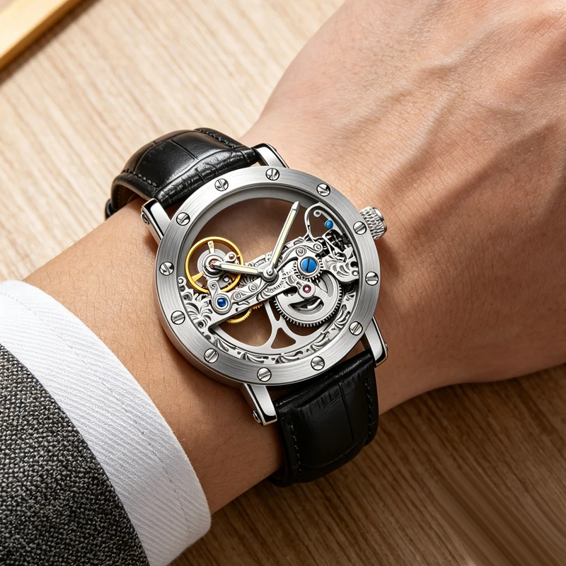 Fashion Creative Hollow Transparent Watches Men Luxury Tourbillon Automatic Mechanical Wristatches Men Winner Horloge Mannen