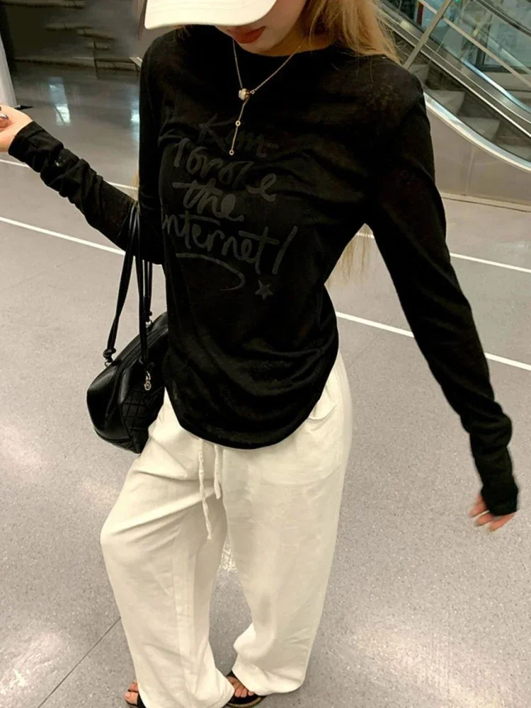 

Women T Shirts Letter Printed Slim Autumn New Fashion Vintage Grunge Tops Long Sleeve Y2k Female Casual Tee Shirt