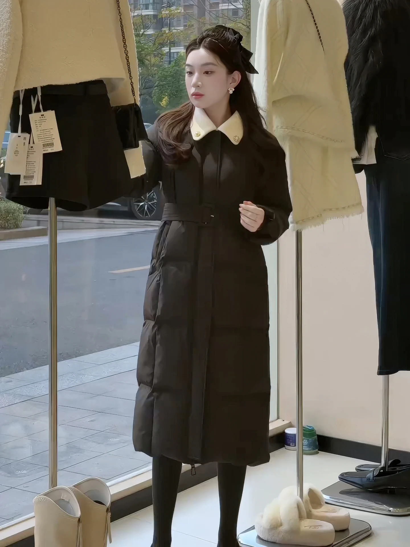 

Корейская женская стеганая куртка средней длины с отложным воротником, модная, с поясом, теплая верхняя одежда, черная