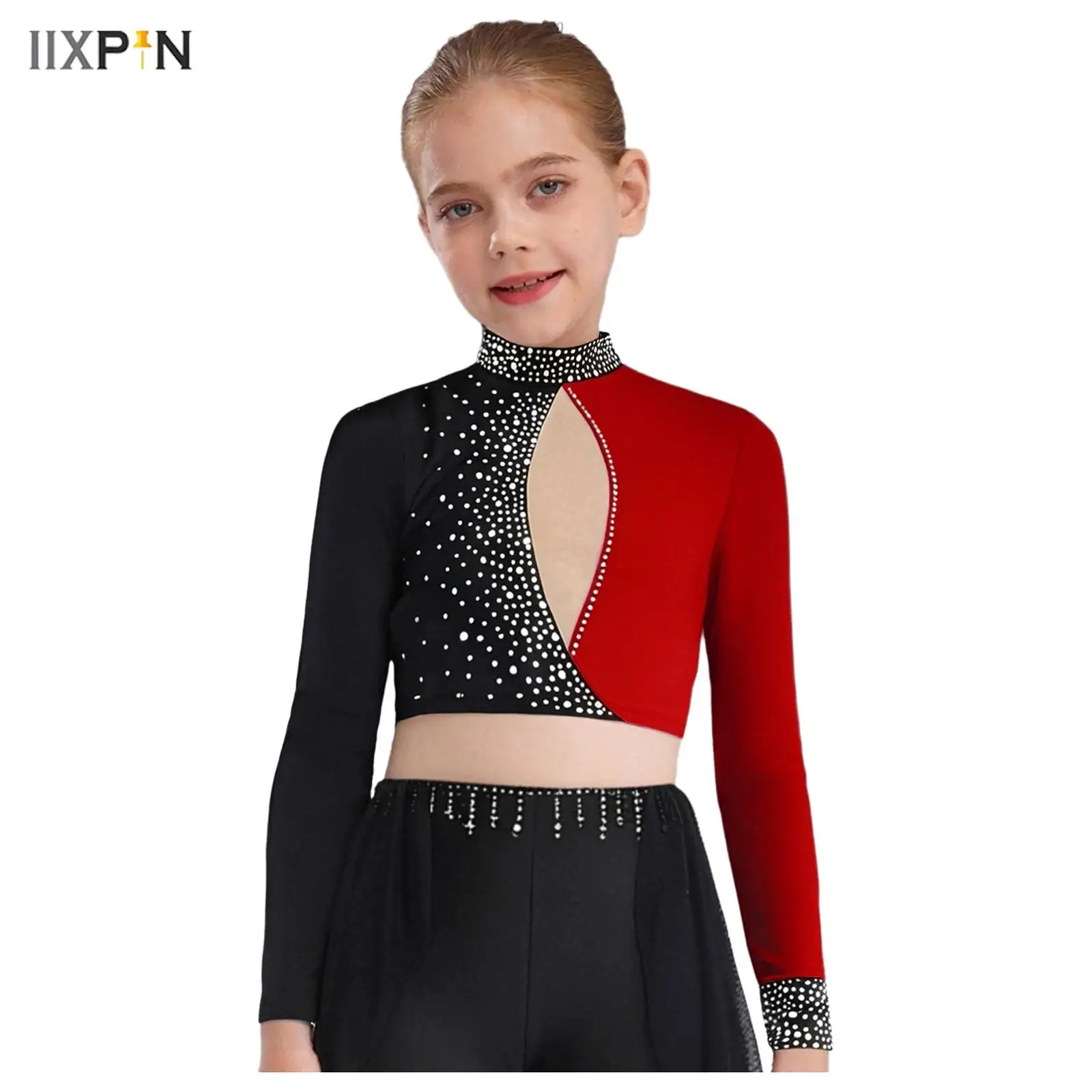 

Kids Girls Ballet Dance Top Gymnastics Figure Skating Dancewear Long Sleeve Keyhole Back Color Block Shiny Rhinestones Crop Top