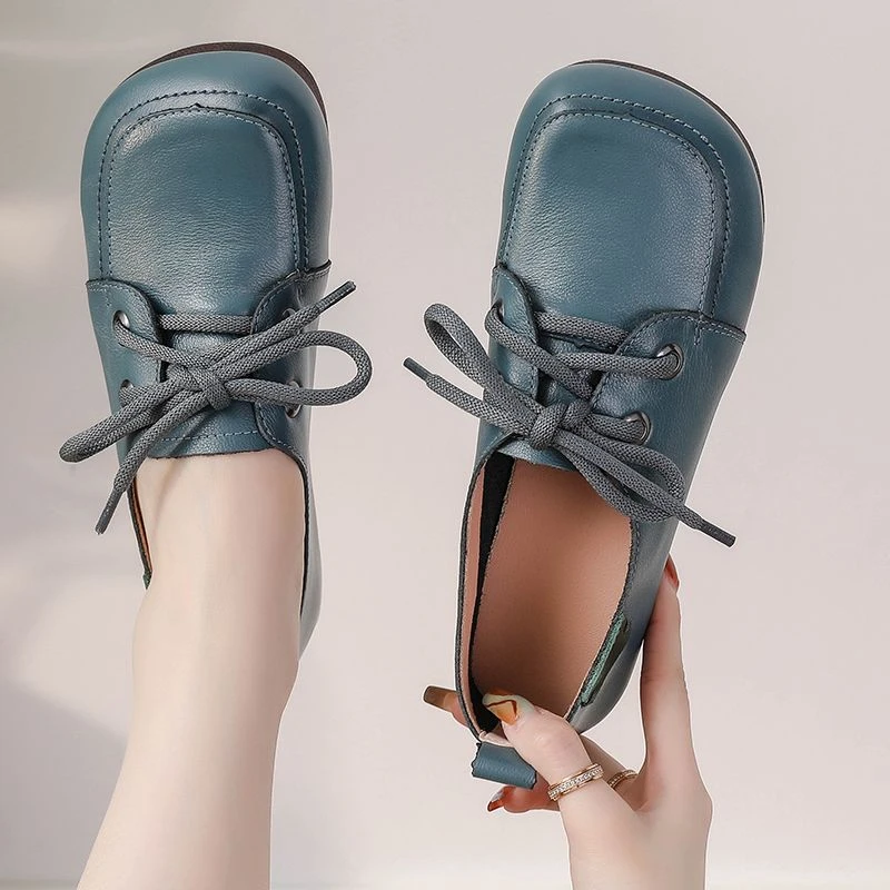 Handmade Vintage Plain Oxfords Shoes Women\'s Genuine Leather Flats Shoes Ladies Laced Up Moccasins Elderly Woman Driving Loafers