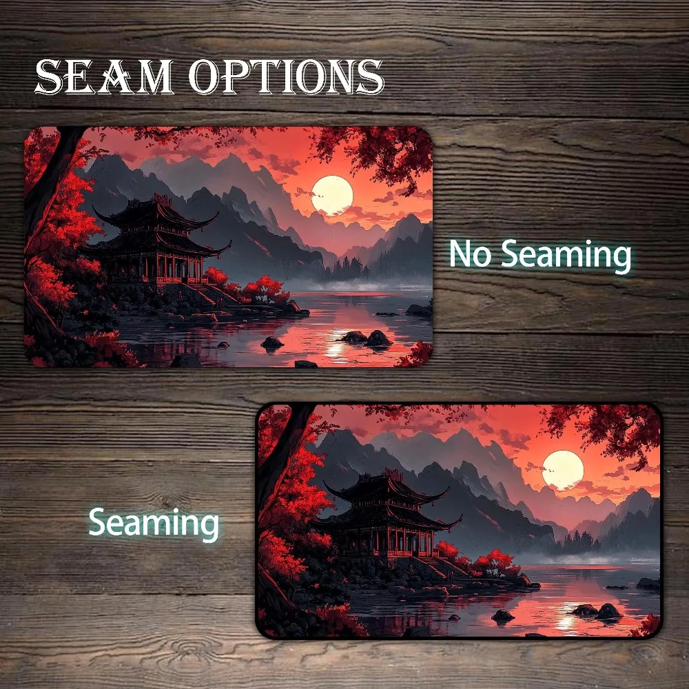 Red Tone East Asian Landscape Large Desk Pad Ancient Chinese Pavilion Red MapleTrees Mouse Pad for Esports Office Card Game Gift