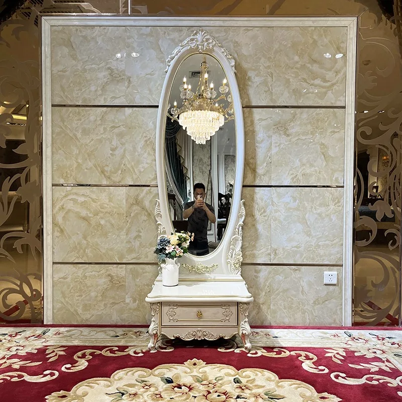 French solid wood full-length mirror European carved warm gray bedroom