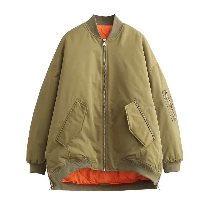 Woman's Loose Bomber Jacket Stand Collar Zipper Pleated Long Sleeve Contrast Color Cropped Jacket Casual Autumn Coat