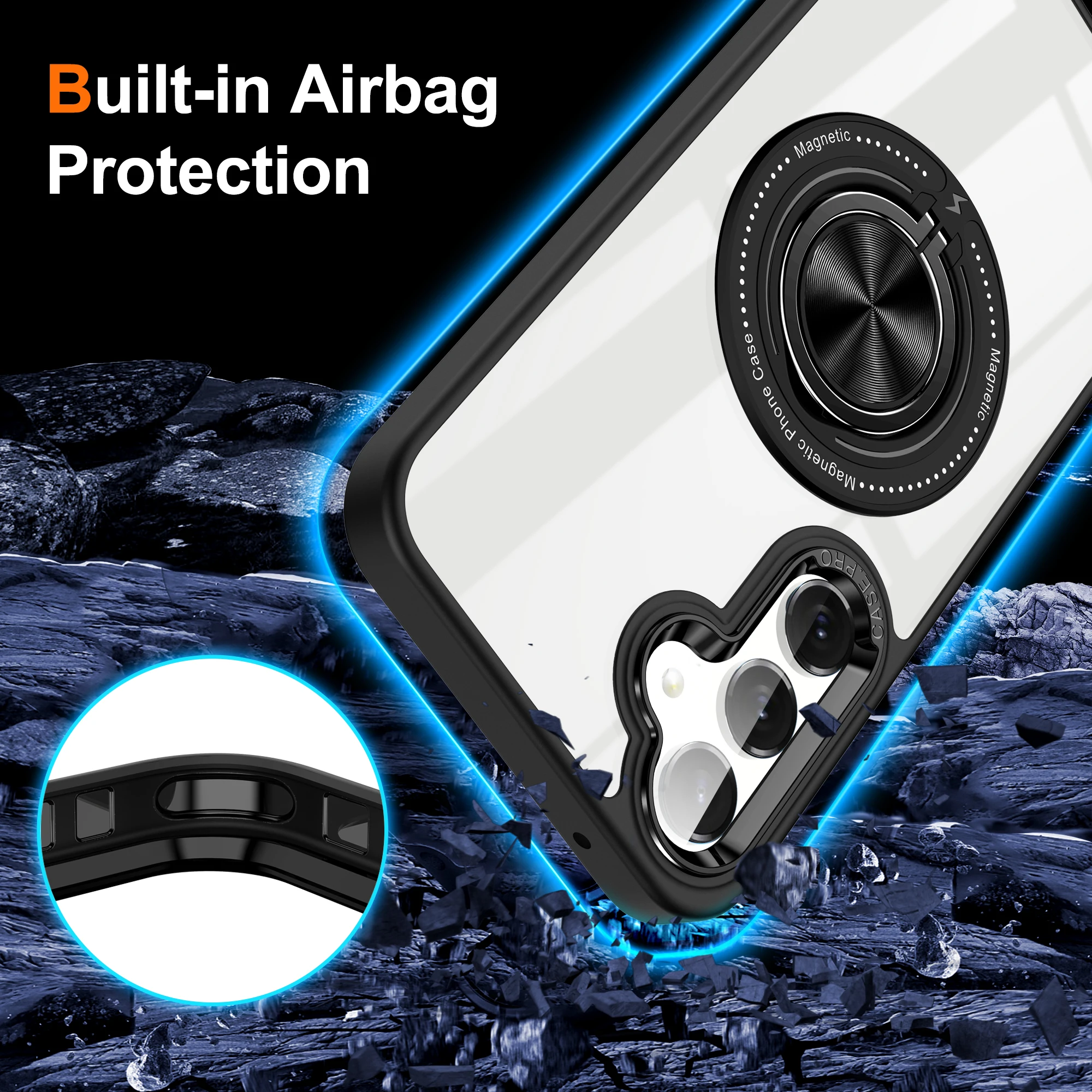 Clear metal ring holder magsafe charging phone case For Samsung Galaxy A15 A35 A55 5G metal camera frame shockproof hard cover view 2