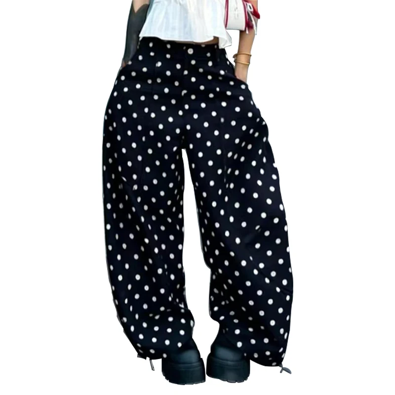 

OMSJ Women Summer Y2K Sweet Retro Polka Dot Print High Waist Contrast Color Pockets Casual Loose Fit Fashion Trousers Streetwear