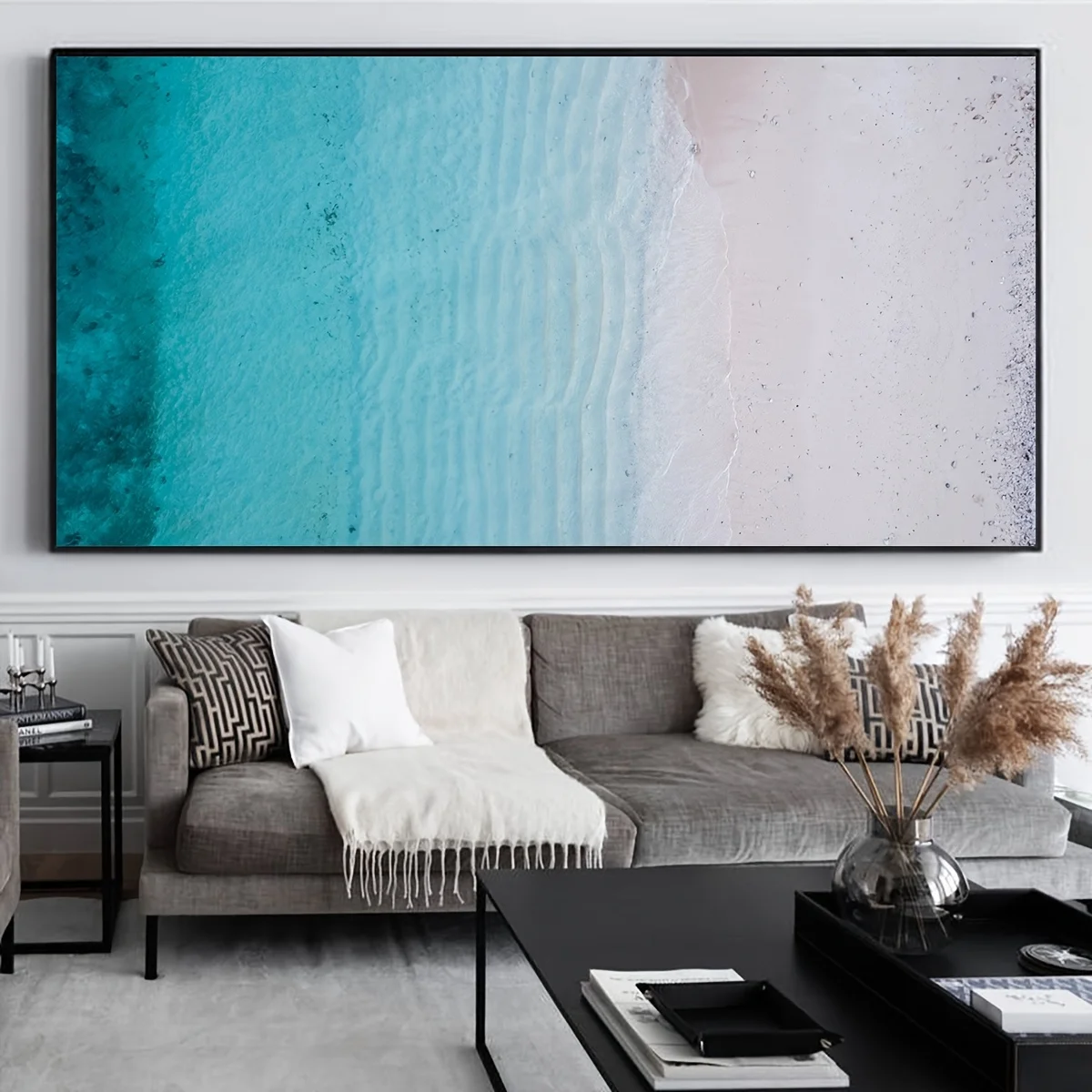 1pc frameless Canvas Painting 2D Flat Large Modern Serene Beach Scene Canvas Wall Art, Unframed Clear Blue & Teal Waves Prints f