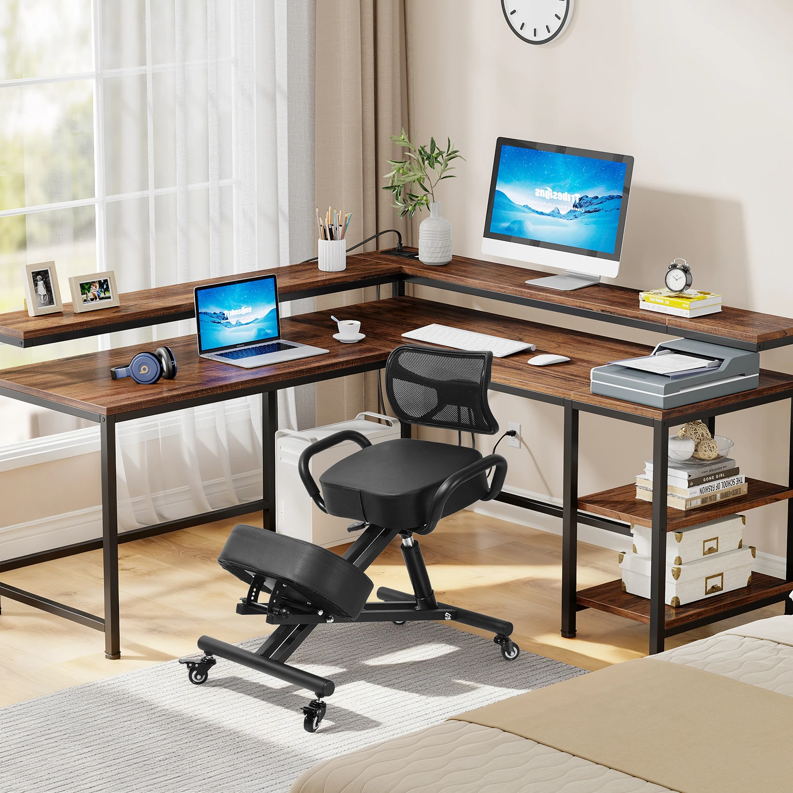 Ergonomic Kneeling Chair with Back Support, Height Adjustable Posture Correction Chair for Office Back Pain Relief, Wide Cushion for Cross Legged Sitting, Multifunctional Seat for Adults Men Women Students, Black