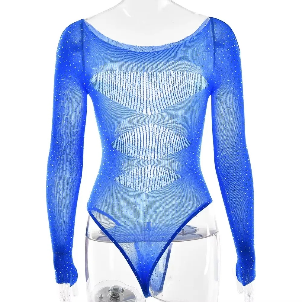 

European and American Women's Sexy and Sexy High Stretch Knitted See Through Long Sleeved Hollow Hot Stamping Jumpsuit