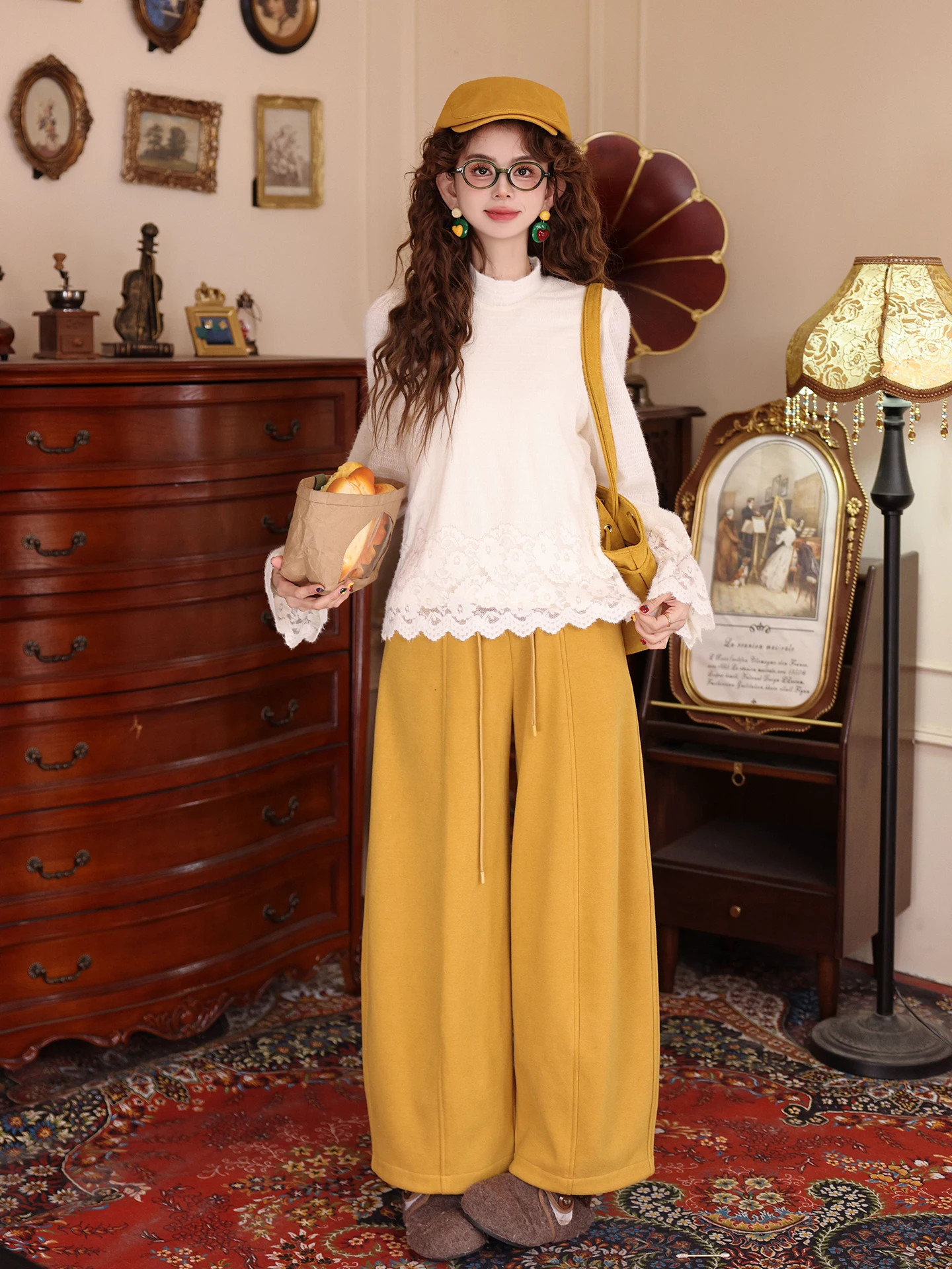 กางเกงลำลองเอวสูงสีเหลืองสำหรับผู้หญิงทรงหลวมอเนกประสงค์ฤดูใบไม้ร่วงฤดูหนาวกางเกงขายาวกางเกงขากว้างใส่สบาย