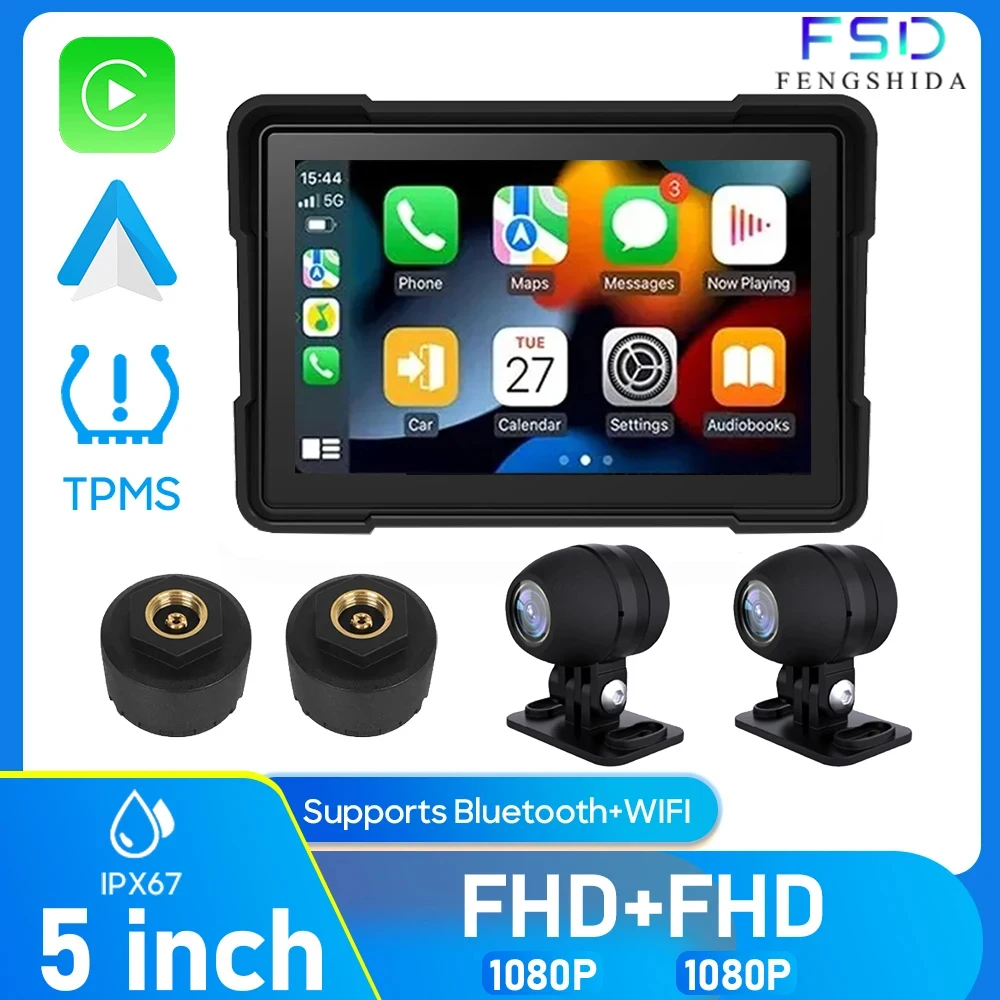 Motorcycle Carplay Waterproof 1080P 5 Inch WiFi Wireless Android-Auto DVR Monitor Dash Cam GPS Navigation TPMS