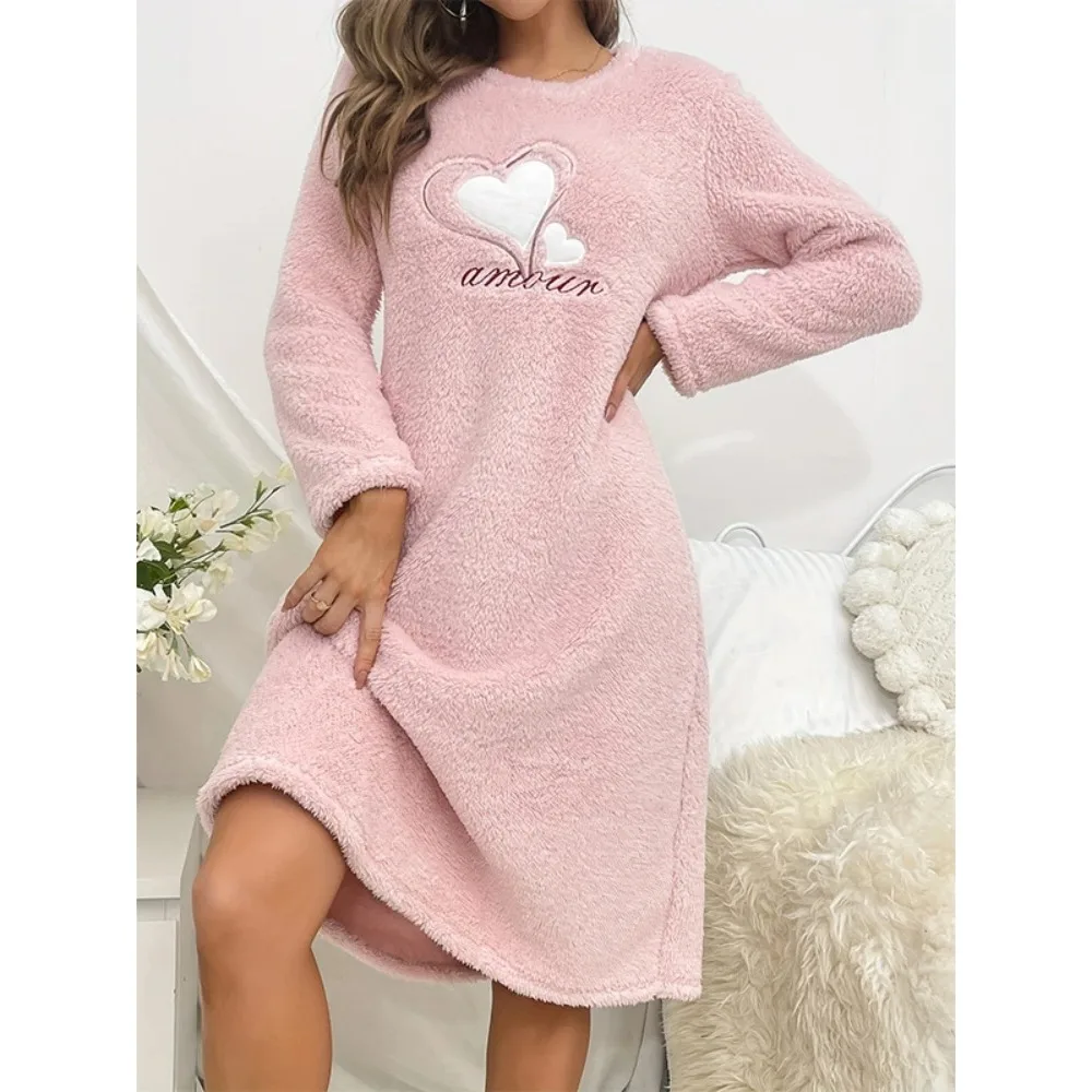 Women Fuzzy Fleece Nightgown Long Sleeve Heart Print Soft Warm Plush Sleep Dress Cozy Loungewear For Cold Weather