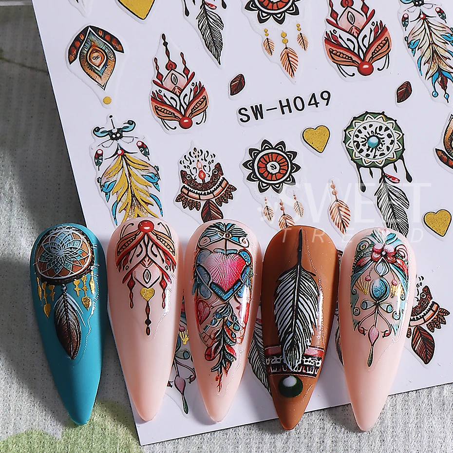 2 uds pegatina bohemia para uñas 3D bronceado corazón atrapasueños diseño de pétalos Retro pegatina adhesiva para uñas DIY decoración deslizante para manicura