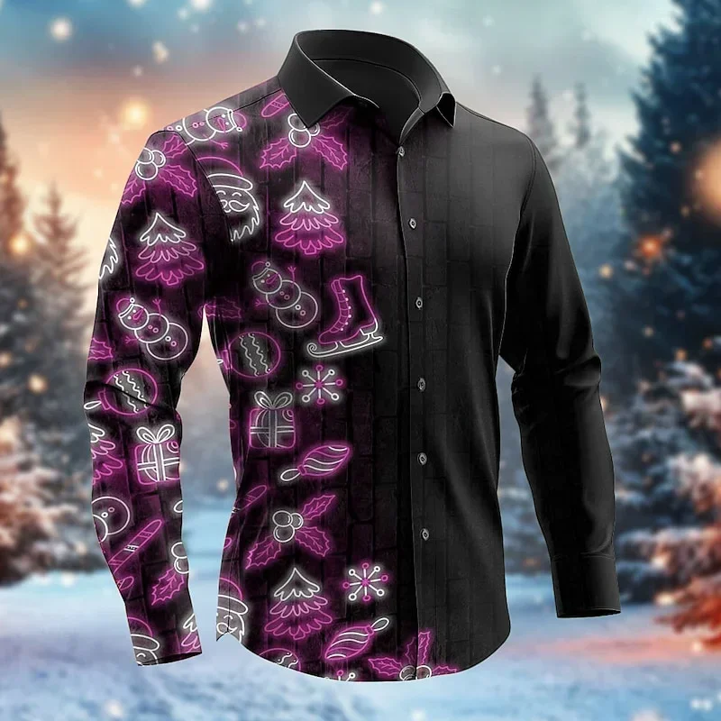 Christmas Men's Santa Claus Tree Neon Dress Shirt Long Sleeve Shirt Casual Party Evening Daily Festival Top Collar Design