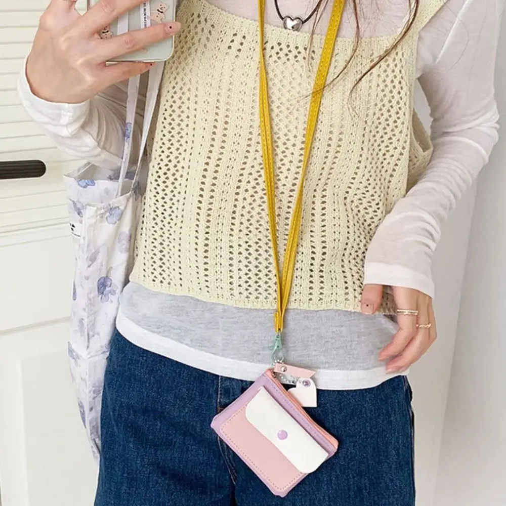 Новый короткий кошелек из искусственной кожи с веревкой и подвеской, мини-кошелек для монет, подвесной кошелек на шею, противокражный кошелек для студентов