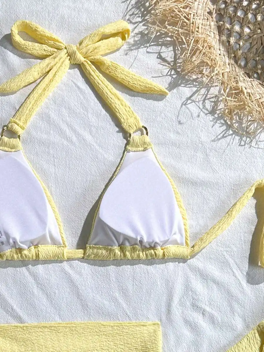 

Yellow Two Piece Women Swimwear Set With Bow Tie Halter Top And Shorts For Beach Vacation
