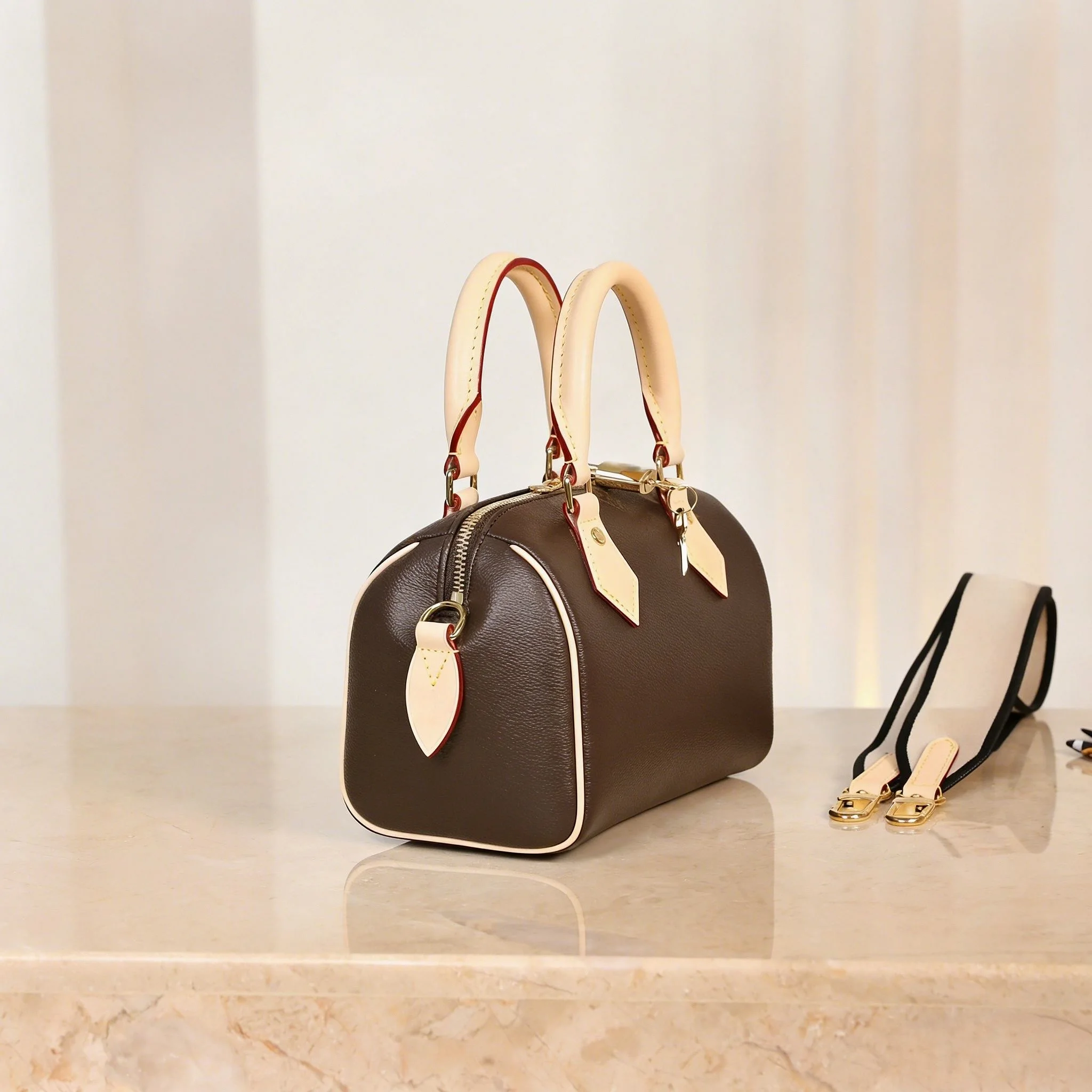 Retro Coffee Color Block Mini Boston Bag, Women Multiway Handbag Crossbody Purse