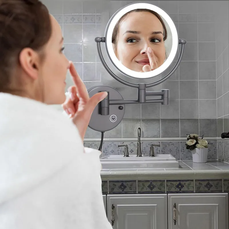 Fashion  Double Face Round Folding Bathroom Mirror with 5X Magnifying Led Foldable Makeup Mirrors Extending Arm Bath Mirrors